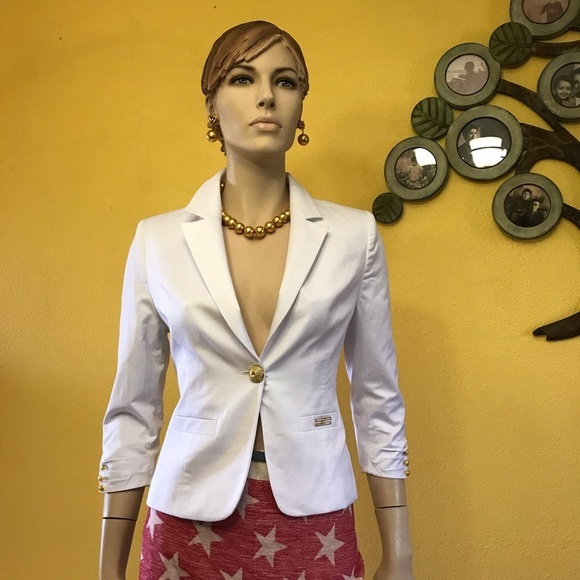 NWT WOMEN 3/4 SLEEVES BLAZER WHITE ELEGANT JACKET LINED GOLD-TONE HARDWARE - Picture 6 of 8